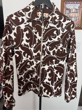 Italian designer Marni White & Dark Brown Cotton Zip Jacket Italian Size 44